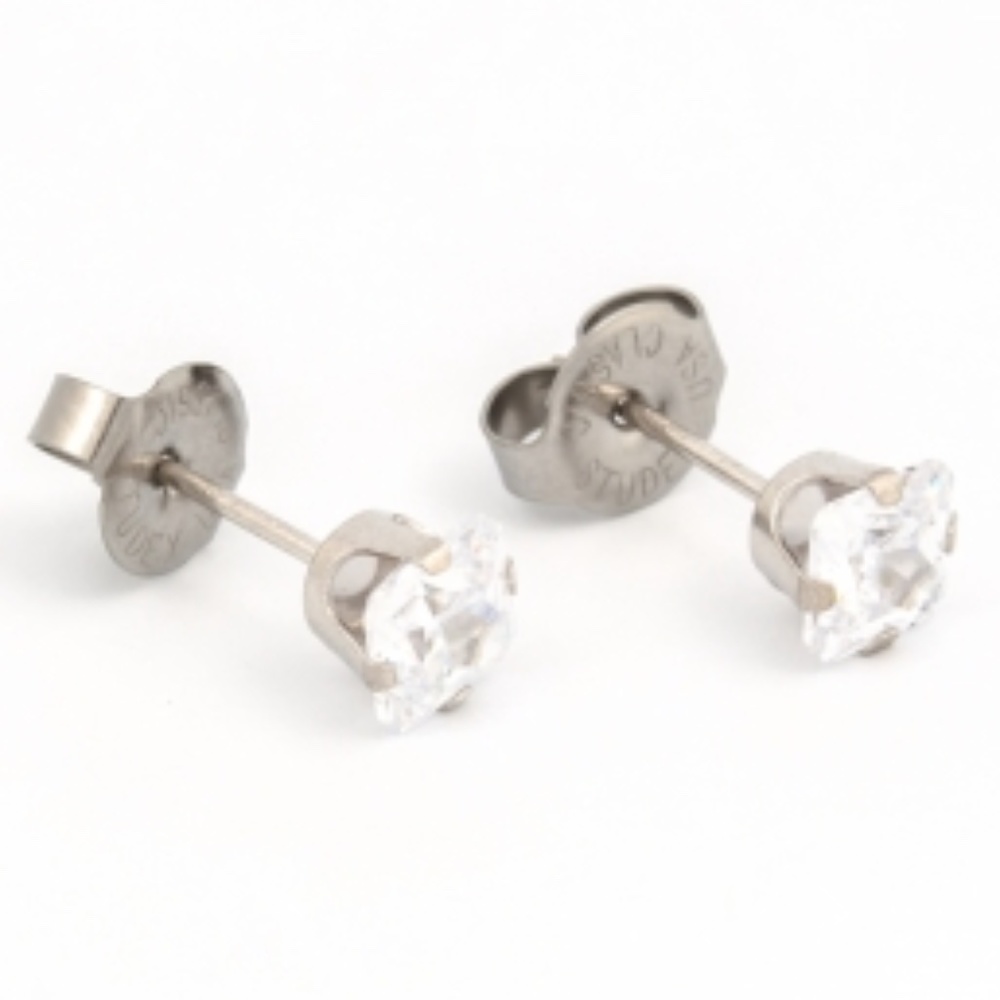 STUDEX 14K GOLD WHITE 5X5MM CUBIC ZIRCONIA PRINCESS CUT STUD EARRINGS SYSTEM 75